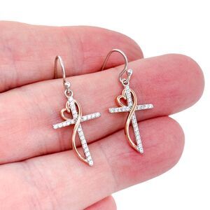 Vintage Sterling Silver Rose Gold Plated Cubic Zirconia Cross Dangle Earrings